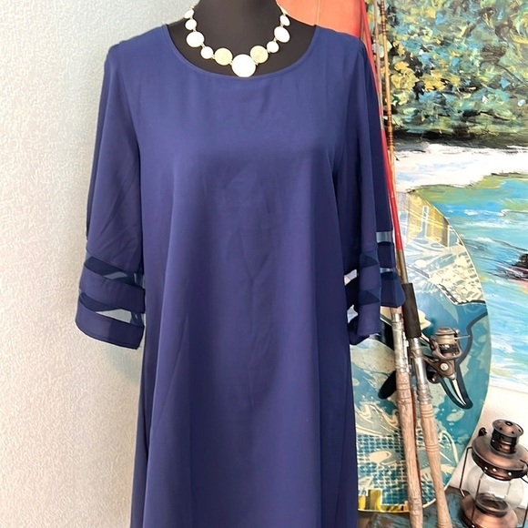 ⭐️Lightweight, Navy Blue Dress, Dress Up or Down, Lovely, Sheer Striped Hems, L - Picture 4 of 10